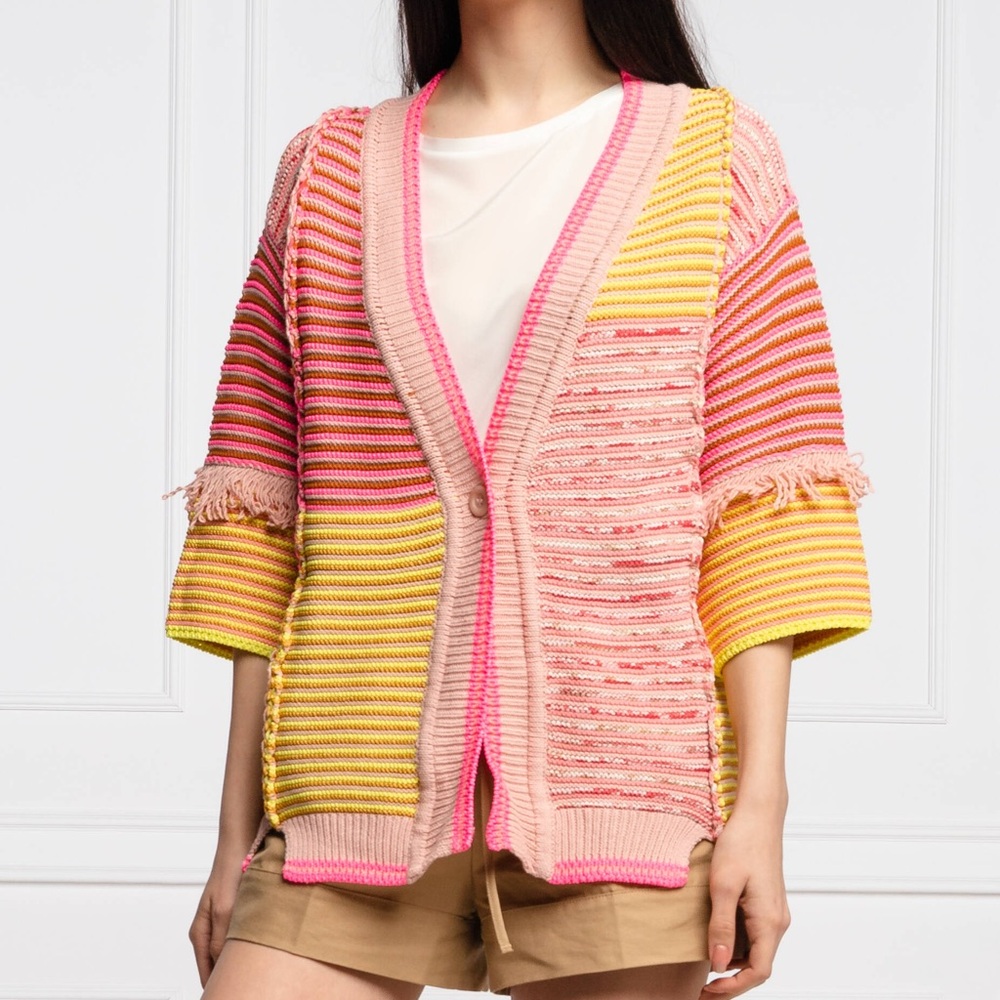 Twinset Women's Pink and Yellow Striped Oversized Sweater Cardigan Medium